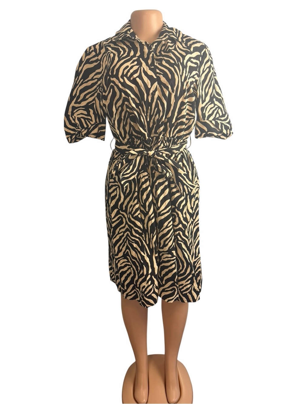 DKNY Elbow Sleeve Collared Neck Button-Front Belted Shirt Dress Zebra Print - Picture 2 of 9